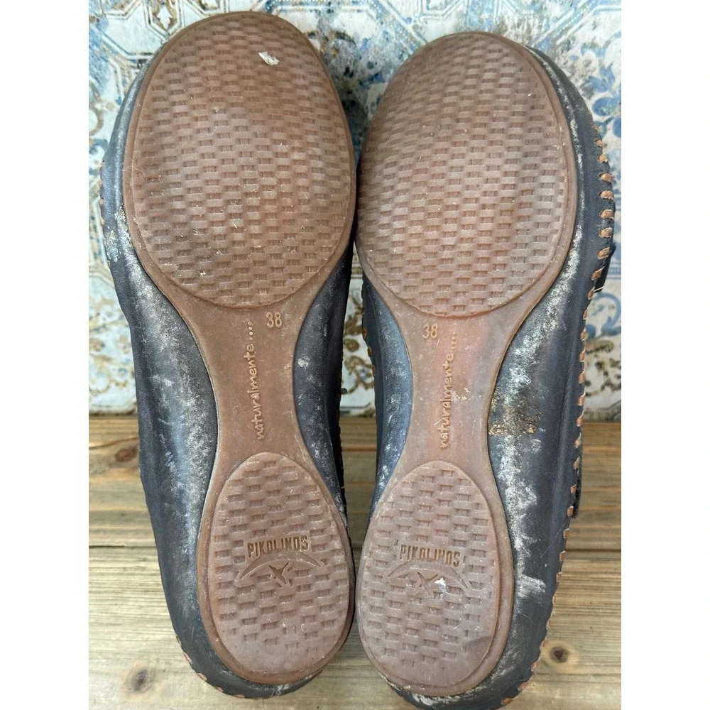 Pikolinos T-Strap Whipstitch Leather Wedge Sandals Womens 38 / 7.5 Black Shoes